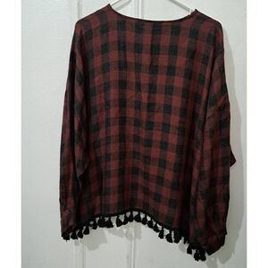 Zara Checkered Blouse with Tassel Trim - Burgundy and Black